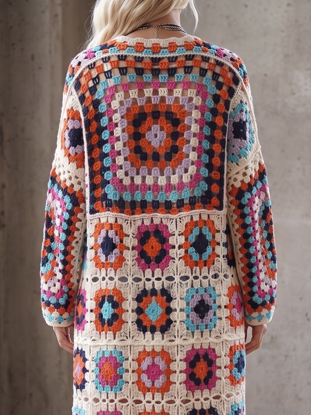 NWT POL Granny Tile Crochet Multi Colored Knit Long Duster Cardigan Sweater - Picture 7 of 8